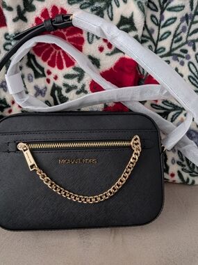 Michael Kors Black Saffiano Leather Crossbody with Gold Chain